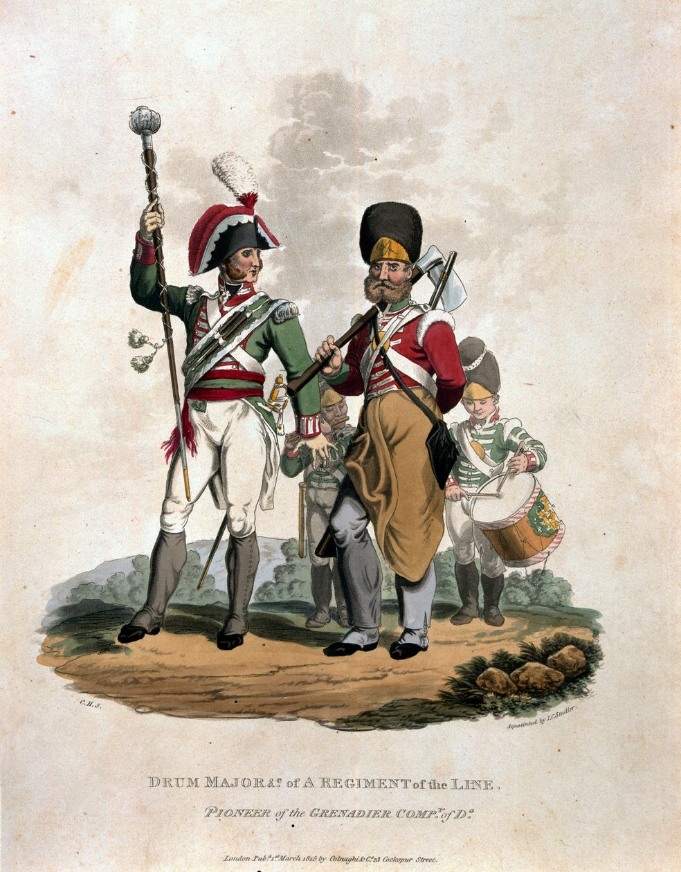 Rumpumajuri ja rykmentin liittolainen, linjasta Grenadier Company of D:n pioneerin kanssa, teoksesta "British Imperiumin armeijan puvut, vuoden 1812 viimeisten määräysten mukaan", kaiverrus J. C. Sta tekijältä Charles Hamilton Smith