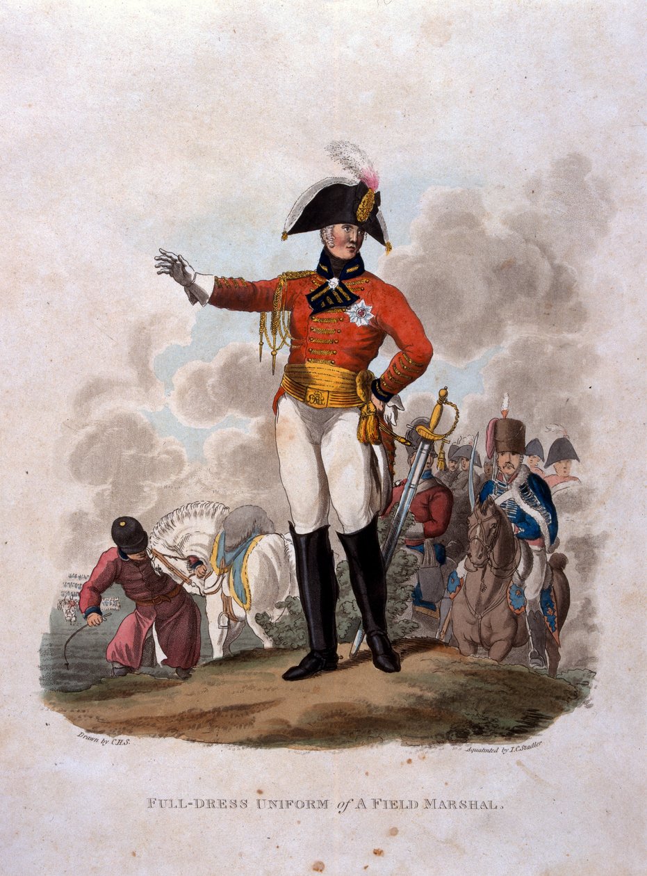 Kenttämarsalkan koko puku univormu julkaisusta "British Imperiumin armeijan puvut, viimeisten määräysten mukaan 1812", kaiverrus J. C. Stadler, julkaissut Colnaghi und Co. 1812-15 (väri) tekijältä Charles Hamilton Smith