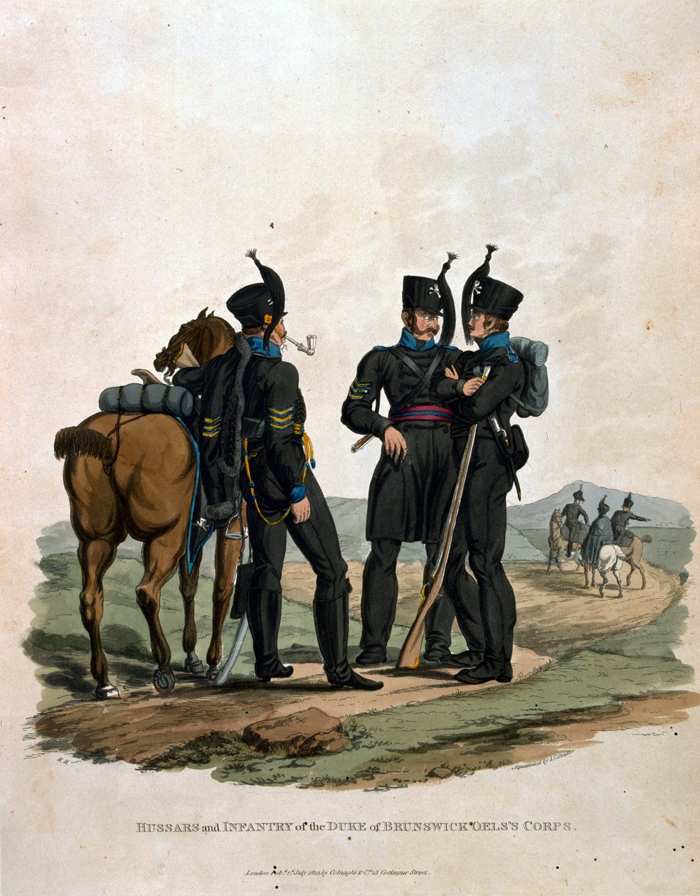 Brunswickin herttua Oelsin joukkojen husaarit ja jalkaväki, teoksesta "British Imperiumin armeijan puvut, viimeisten määräysten mukaan 1812", kaiverrettu J. C. Stadler, julkaisija Colnaghi und tekijältä Charles Hamilton Smith