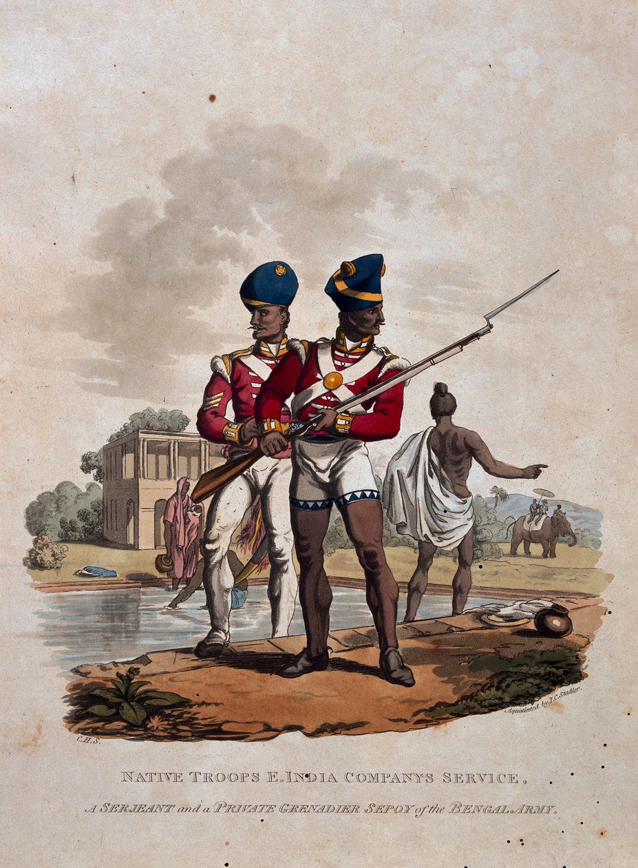Alkuperäisjoukot, Itä-Intian yhtiön palvelu, kersantti ja yksityinen kranaadieri Sepoy Bengalin armeijasta, julkaisusta "British Imperiumin armeijan puvut, viimeisten määräysten mukaan 1812", pubi tekijältä Charles Hamilton Smith