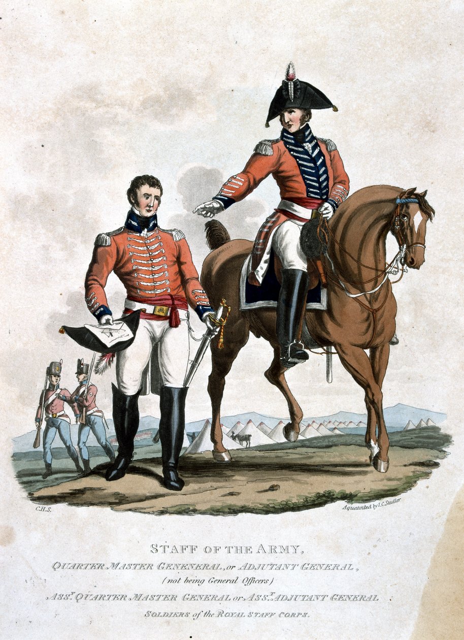 Quarter Master General ja Assistant Quarter Master, teoksesta "British Imperiumin armeijan puvut, viimeisten määräysten mukaan 1812", kaiverrettu J. C. Stadler, julkaisija Colnaghi tekijältä Charles Hamilton Smith