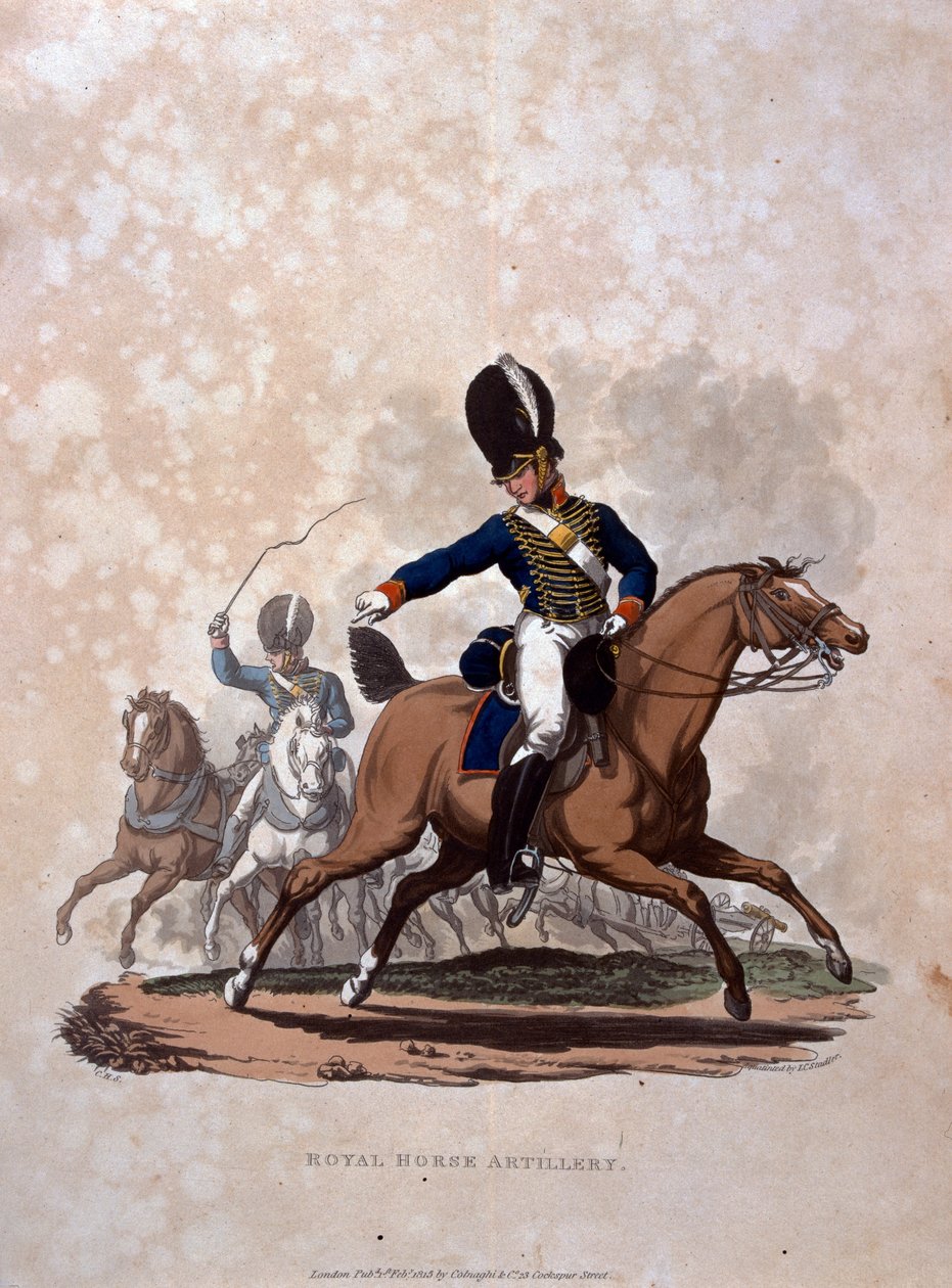 Royal Horse Artillery, teoksesta "British Imperiumin armeijan puvut, viimeisten määräysten mukaan 1812", kaiverrus J.C. Stadler, julkaissut Colnaghi und Co. 1812-15 (värillinen akvatinta) tekijältä Charles Hamilton Smith