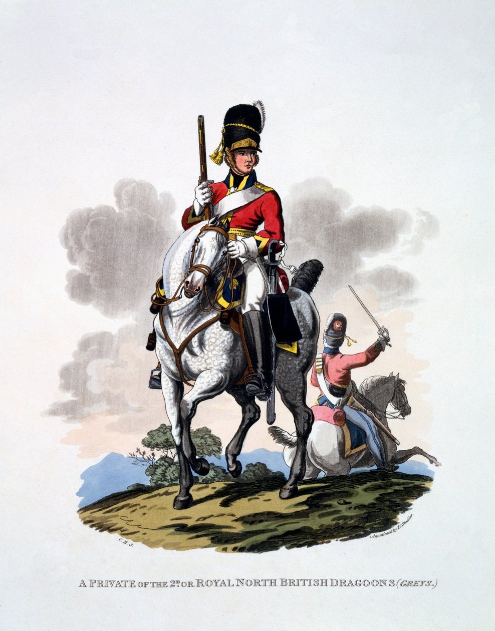 2. eli Royal North British dragoonsin sotamiesten univormu, "The Greys" julkaisusta "British Imperiumin puku, viimeisten säännösten mukaan", julkaistu 1813 (käsinvärinen akvatinta) tekijältä Charles Hamilton Smith
