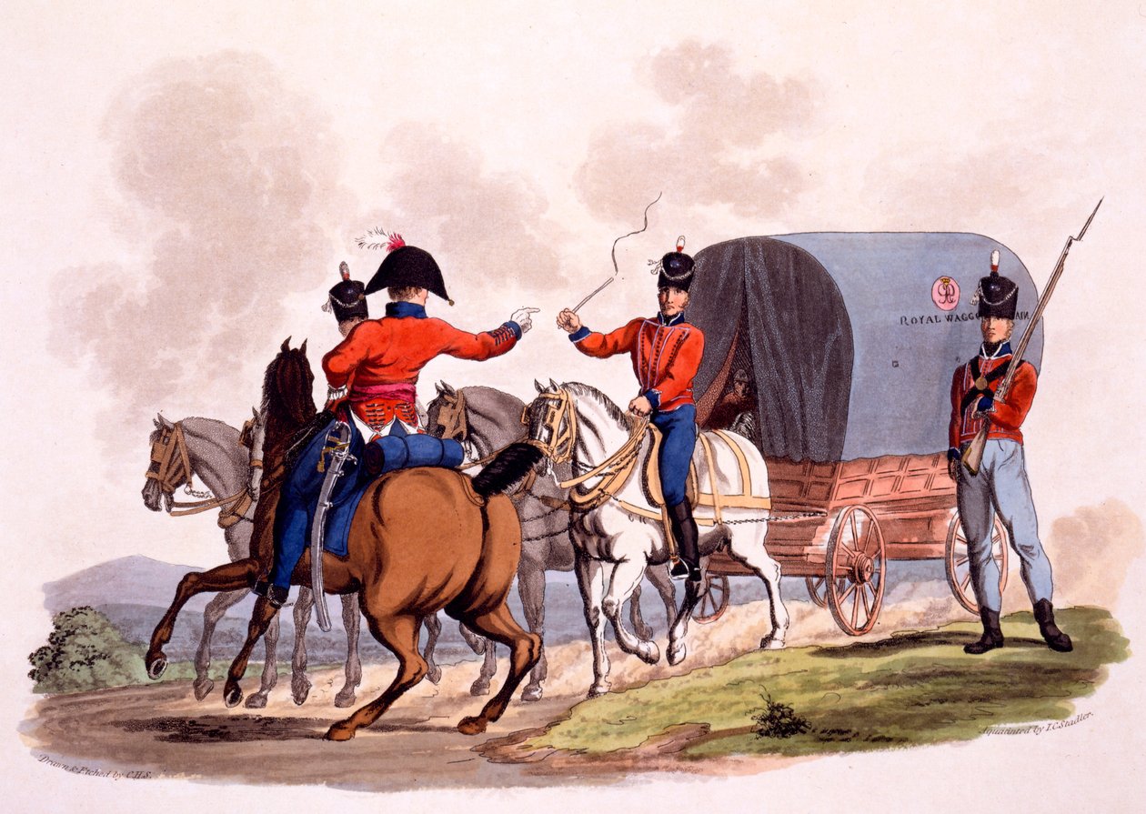 Upseerin, yksityisen ja kuninkaallisen vaunujunan kuljettajan univormu julkaisusta "British Imperiumin puku, viimeisten määräysten mukaan", julkaistu 1812-15 (käsinvärinen akvatinta) tekijältä Charles Hamilton Smith