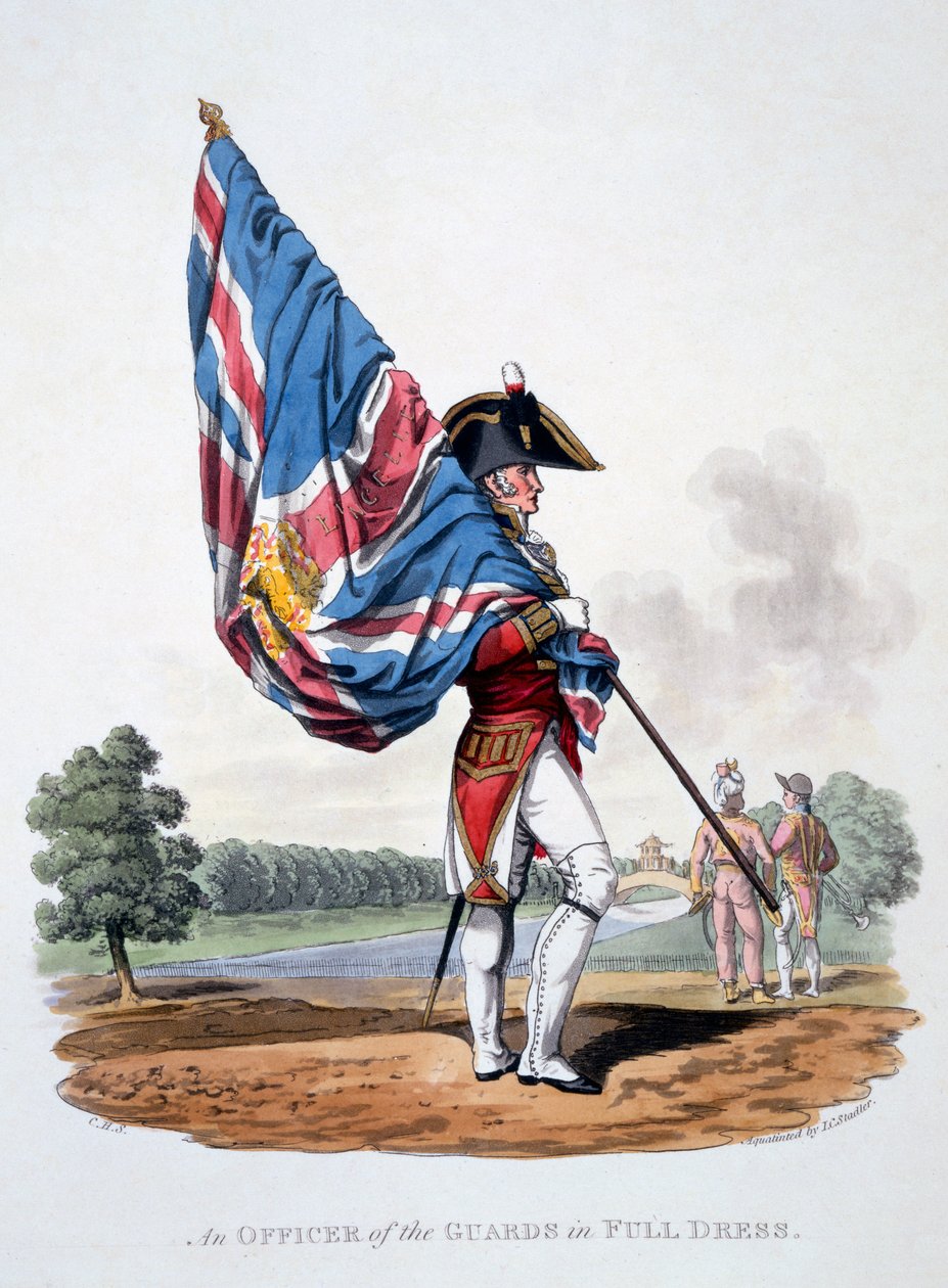 Vartijan upseerin univormu täyspukeutuneena värein, kirjasta "British Imperiumin puku, viimeisten säännösten mukaan", julkaistu 1812-1815 (käsinvärinen akvatinta) tekijältä Charles Hamilton Smith