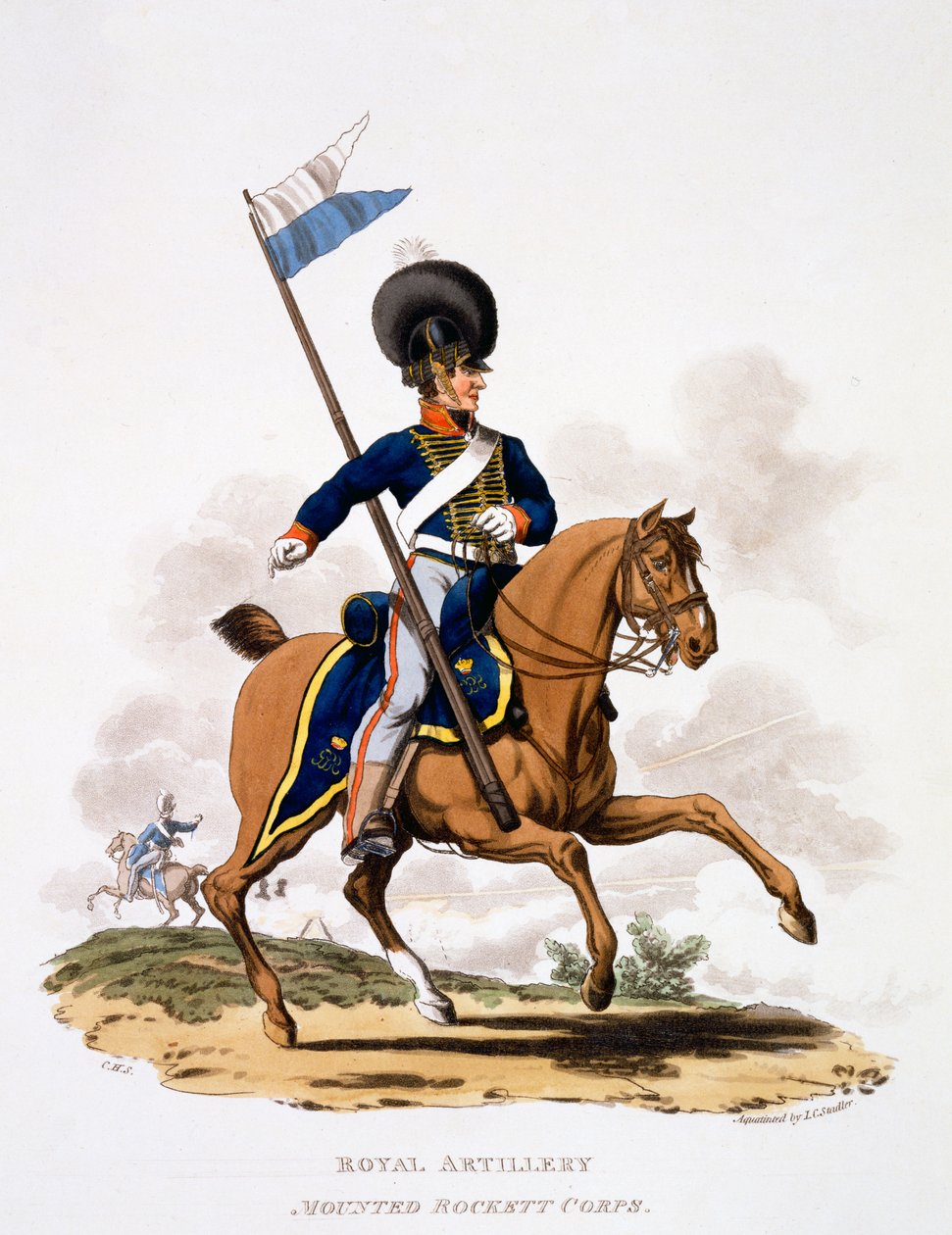 Kuninkaallisen tykistön ratsuväkirykmentin univormu, julkaisusta "Costume of the British Empire, according to the Last Regulations", 1812-15 (käsin värjätty akvatintta). tekijältä Charles Hamilton Smith