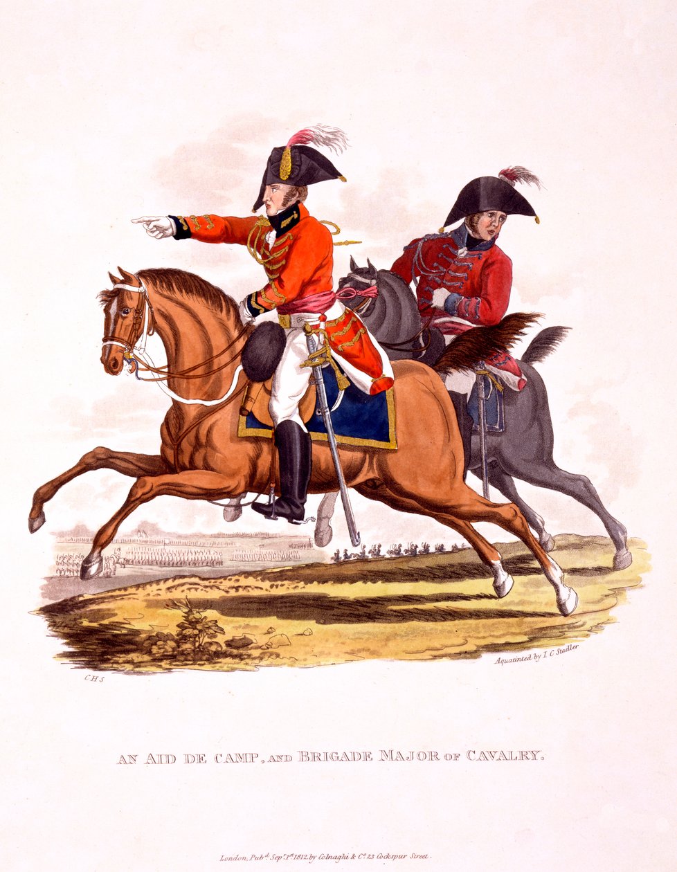 Aide de Campin ja ratsuväen prikaatin majurin univormut julkaisusta "British Imperiumin puku viimeisten määräysten mukaan", julkaistu 1812 (käsinvärinen akvatinta) tekijältä Charles Hamilton Smith