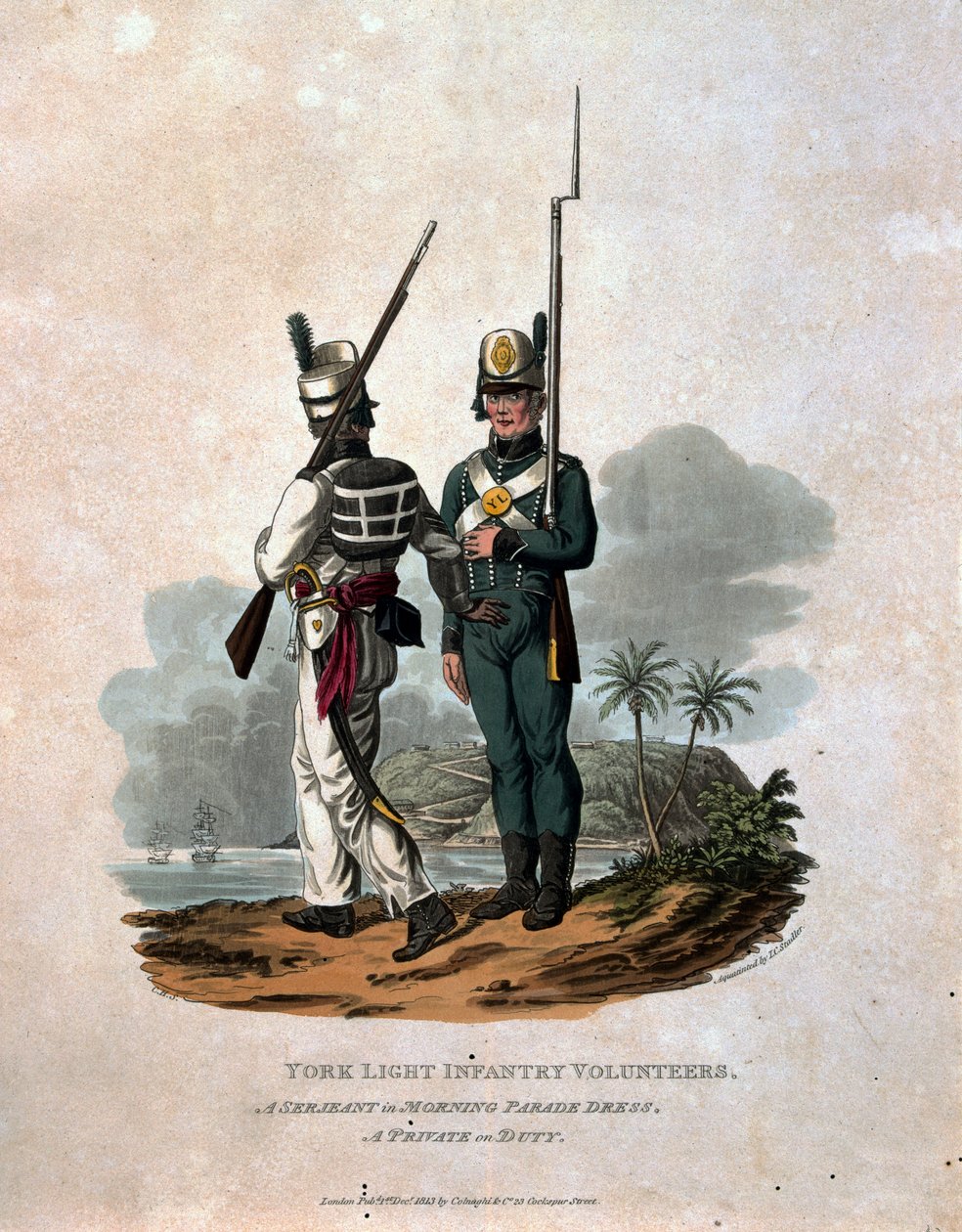 York Light Infantry Volunteers, aamuparaatipuvun palvelija, päivystävä sotilas, teoksesta "British Imperiumin armeijan puvut, vuoden 1812 viimeisten määräysten mukaan", kaiverrus J. C. Stadl tekijältä Charles Hamilton Smith