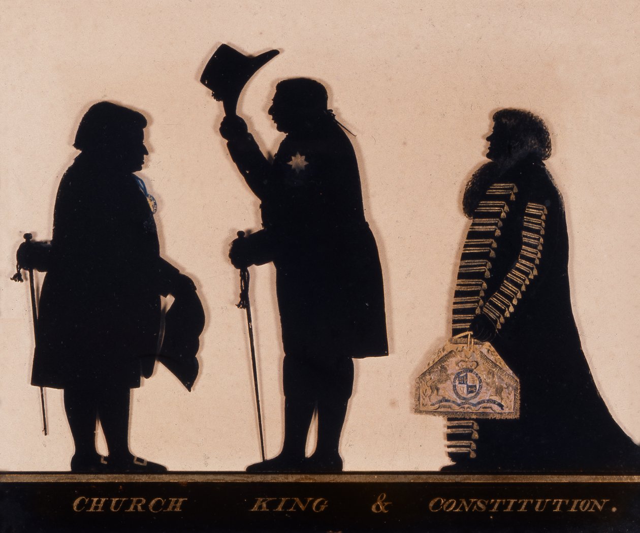 Siluetti "Kirkko, kuningas ja perustuslaki", noin 1793 (lasi). tekijältä Charles I Rosenberg