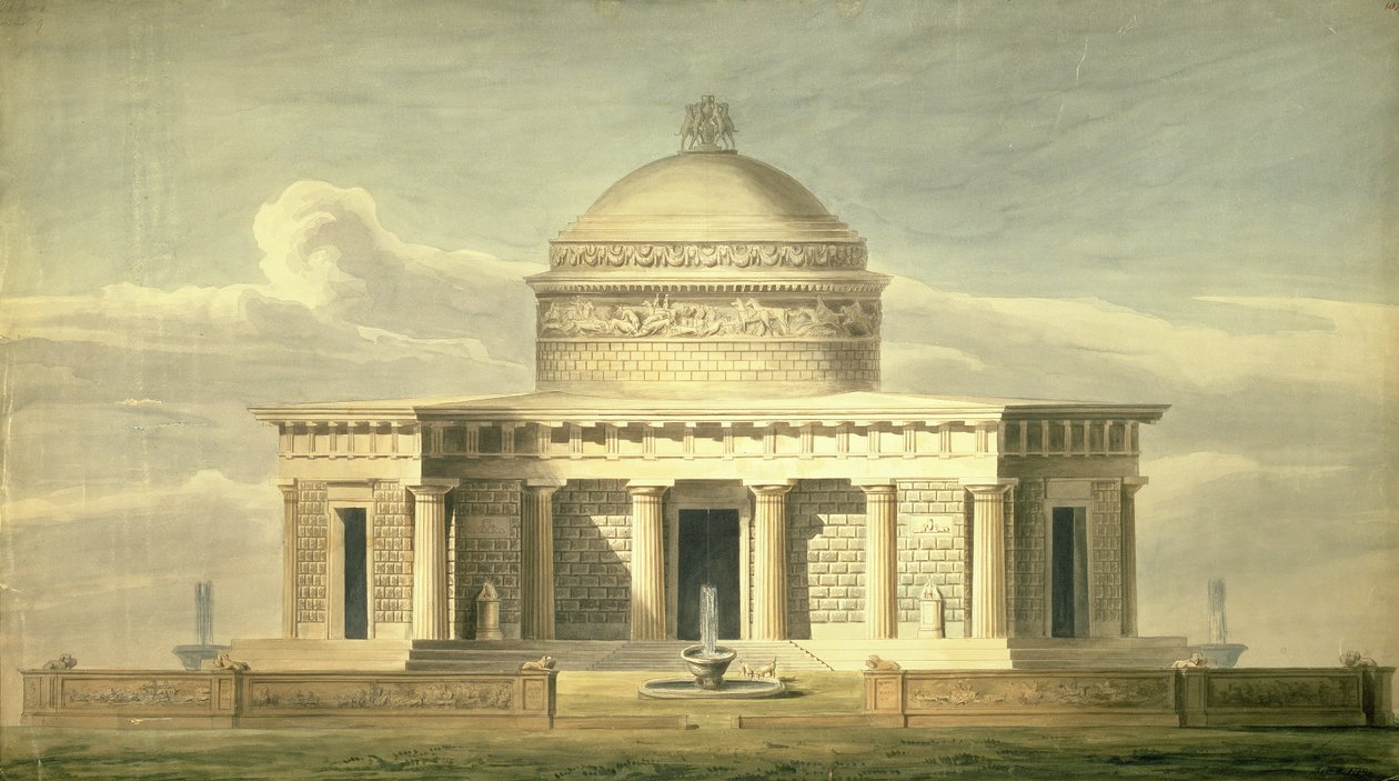 Kopio Sir John Soanen (1752-1837) koiraresidenssisuunnitelmasta, piirretty alun perin vuonna 1779, noin 1835 (kynä ja muste ja wc paperilla) tekijältä Charles James Richardson