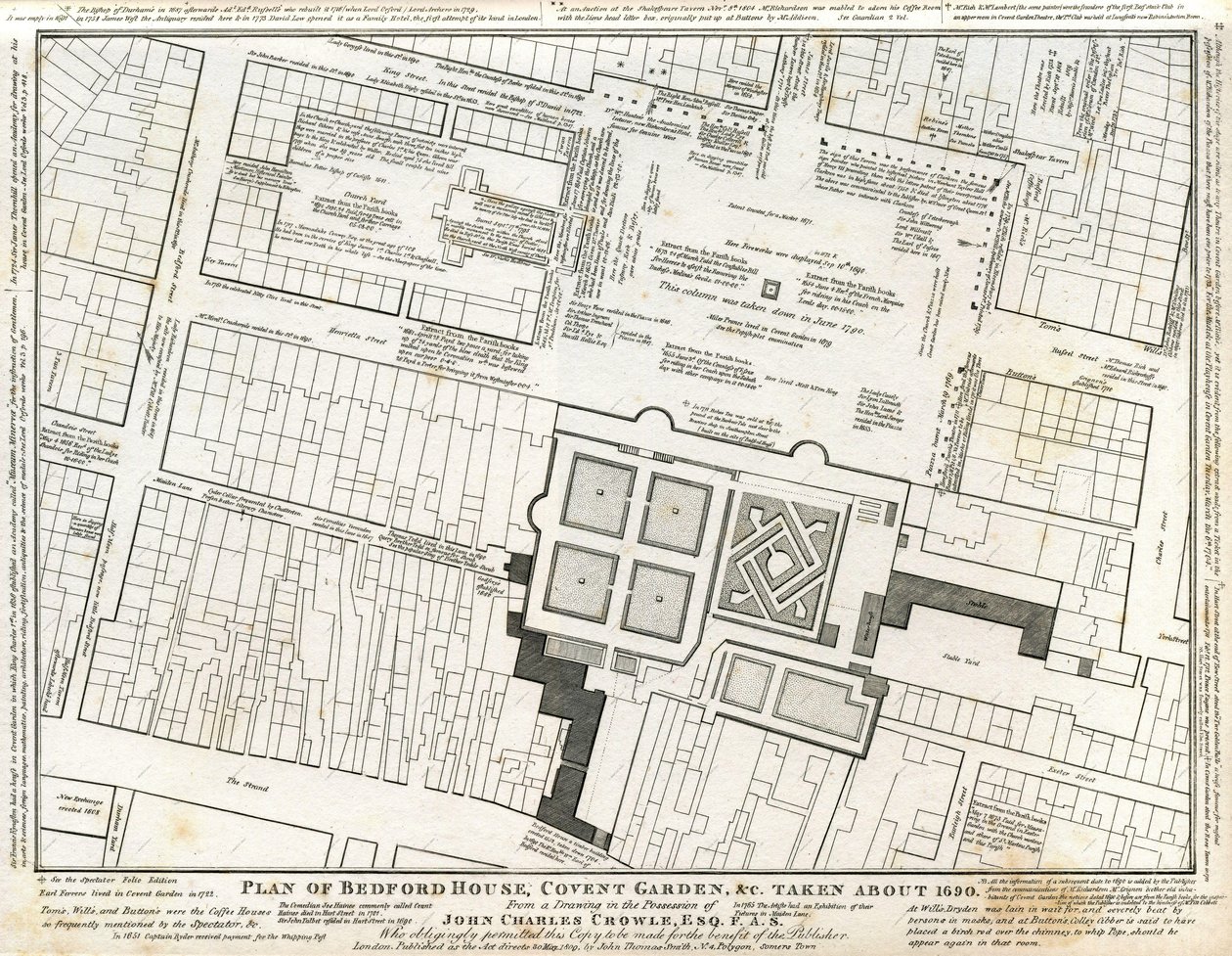 Suunnitelma Bedford Housesta ja puutarhasta Covent Gardenissa piirrettiin noin vuonna 1690 ja sitä seuranneilla huomautuksilla tekijältä Charles John Crowle