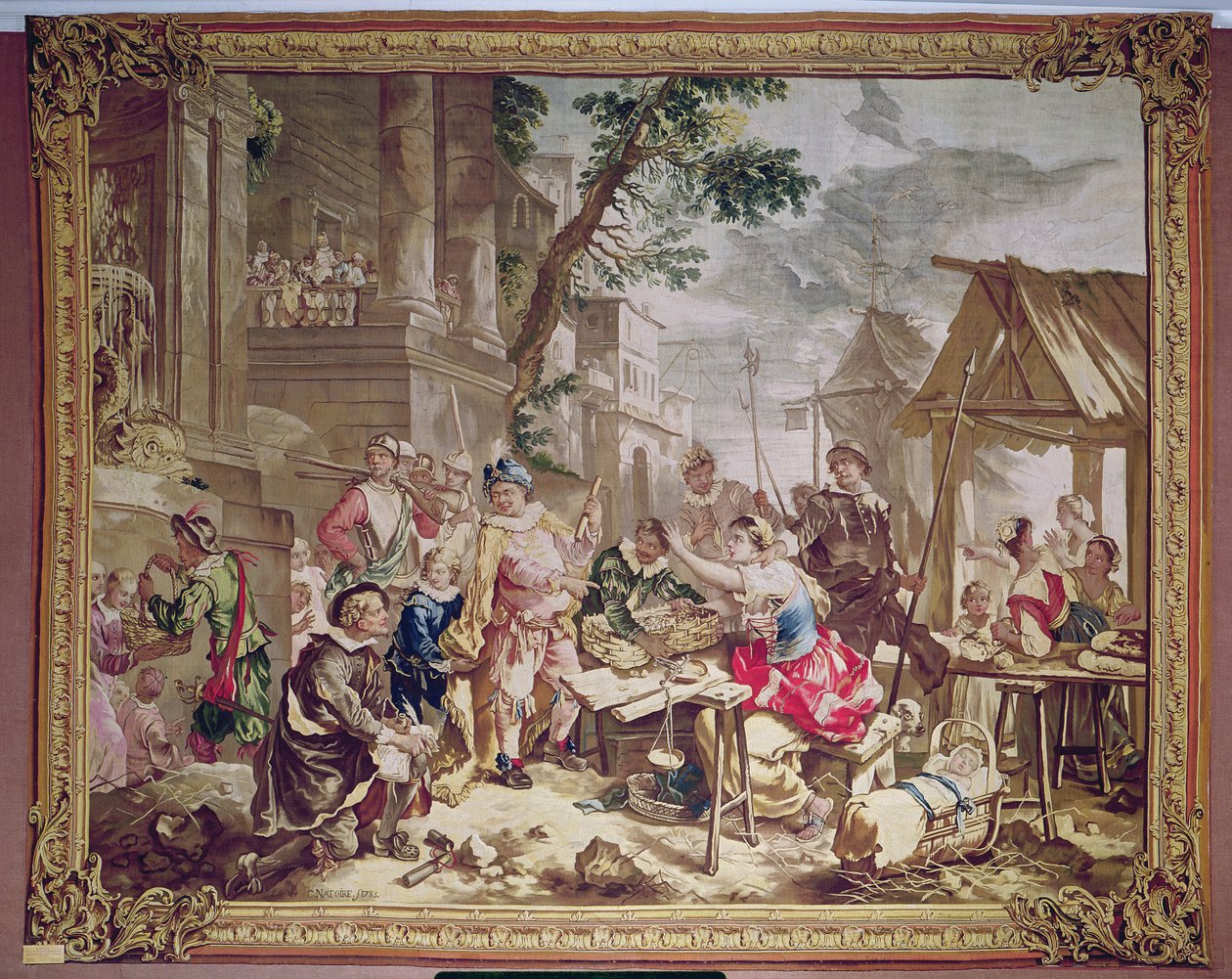Sancho Panza ja pähkinämyyjä, Don Quijoten tarinasta, Beauvais Workshop, 1735 (kuvakudos) tekijältä Charles Joseph Natoire