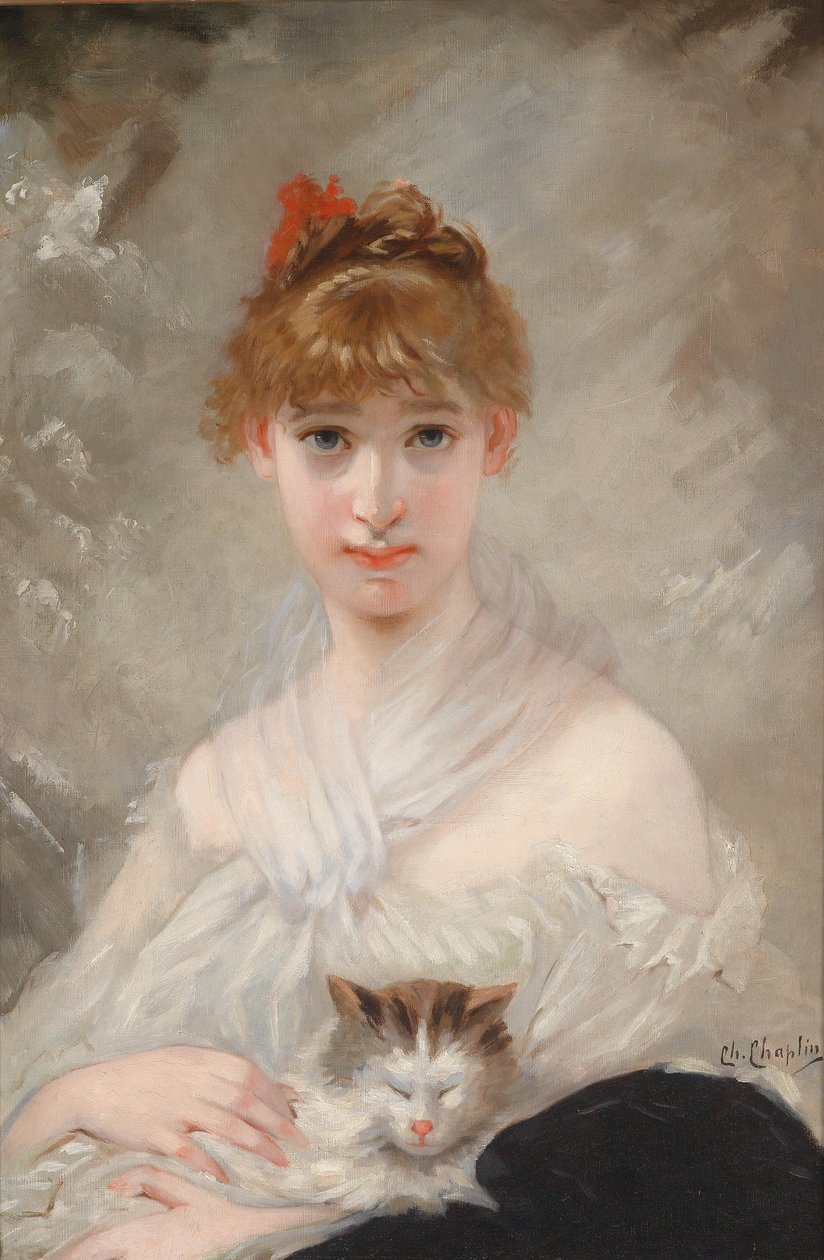 Mädchen mit weißem Tuch und Katze im Arm tekijältä Charles Joshua Chaplin