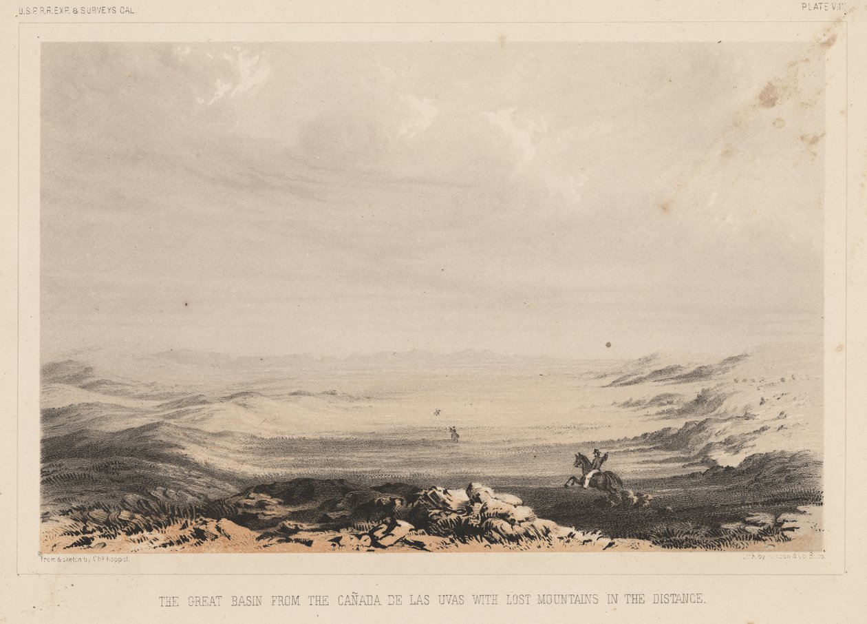 Great Basin Canada de las Uvasista ja kadonneet vuoret kaukana, litho A. Hoen und Co., 1855 (chromolitho) tekijältä Charles Koppel