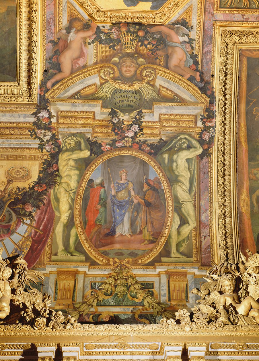 Suurlähettiläät saapuvat kaikista maan kulmista, kattomaalaus Galerie des Glacesista tekijältä Charles Le Brun