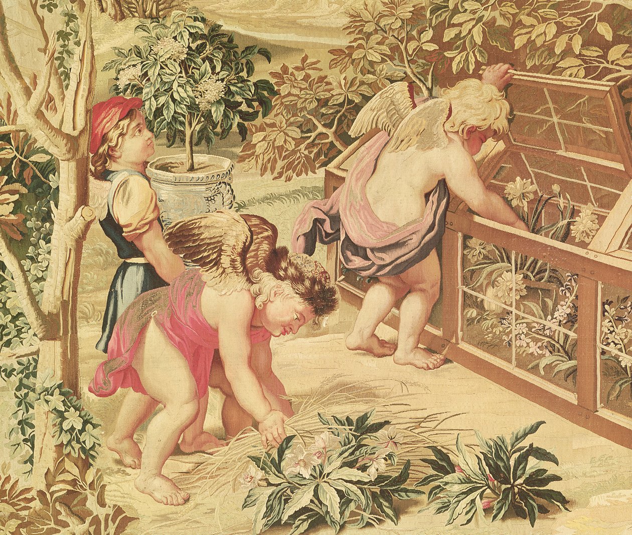 Lasten puutarhanhoito (Le Brunin sarjakuvan mukaan), kudottu Atelier des Gobelinsissa (villakudos) tekijältä Charles Le Brun
