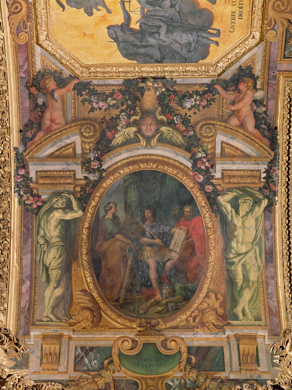 Oikeudenpuhdistus vuonna 1667, kattomaalaus Galerie des Glacesista tekijältä Charles Le Brun