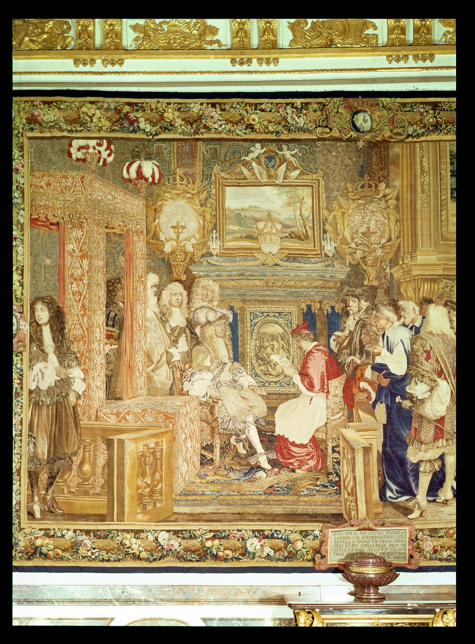 Ludvig XIV (1638-1715) vastaanottaa paavin legaatin Fontainebleaussa, yksityiskohta Gobelins-kuvakudoksesta, 29. heinäkuuta 1664 (kuvakudos) (katso 22905) tekijältä Charles Le Brun