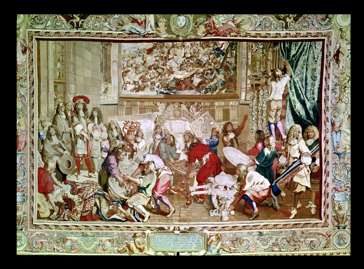 Ludvig XIV (1638-1715) vierailemassa Gobelinsin tehtaalla, 15. lokakuuta 1667 (kuvakudos) tekijältä Charles Le Brun