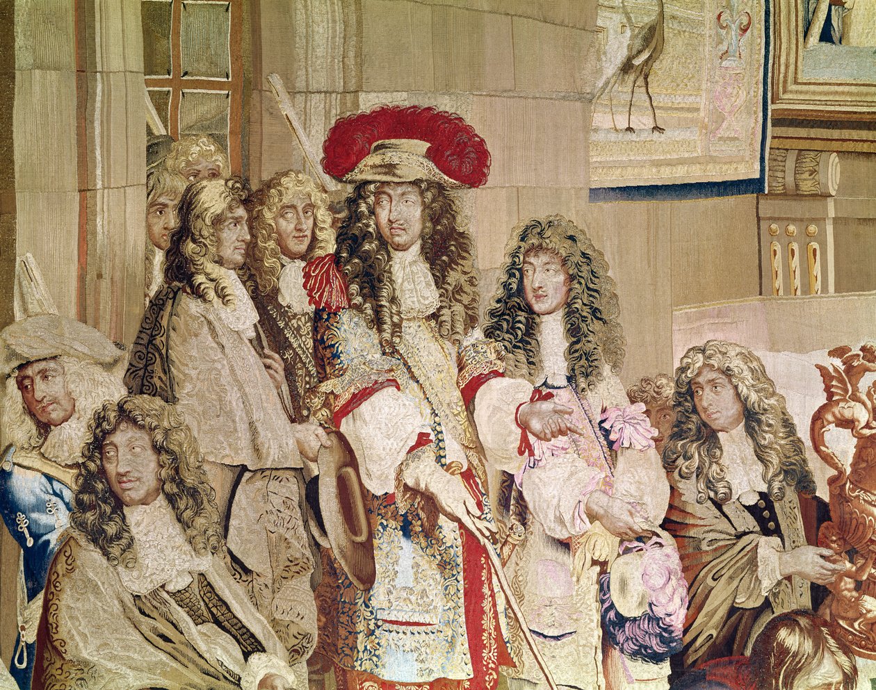 Ludvig XIV 1638-1715 vierailulla Gobelinsin tehtaalla, 15. lokakuuta 1667 kuvakudos yksityiskohta vuodelta 192118 tekijältä Charles Le Brun