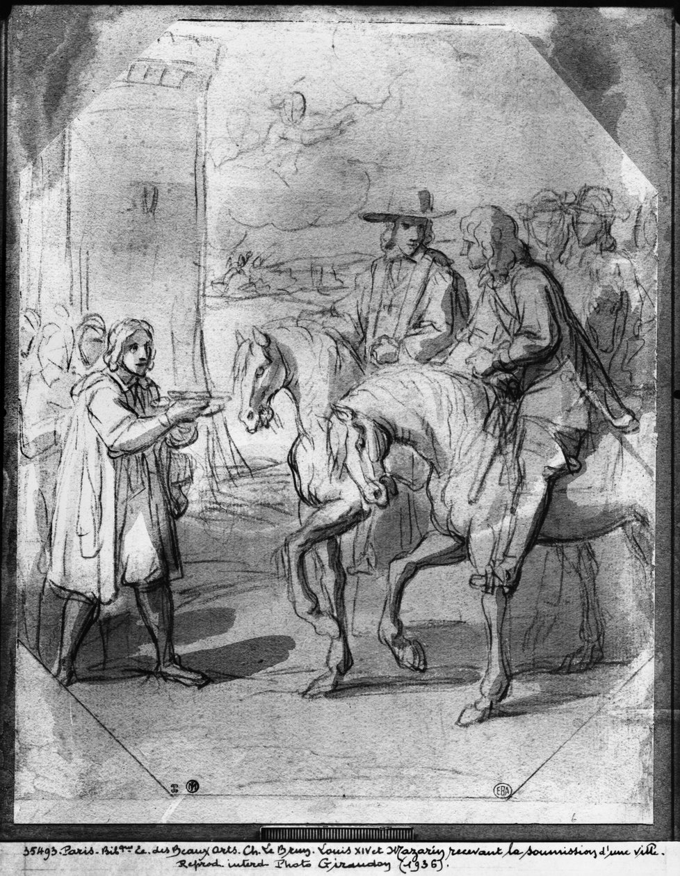 Ludvig XIV vastaanottaa kaupungin ehdotuksen (kynä, mustetta ja intialaisen musteen pesupaperi) tekijältä Charles Le Brun