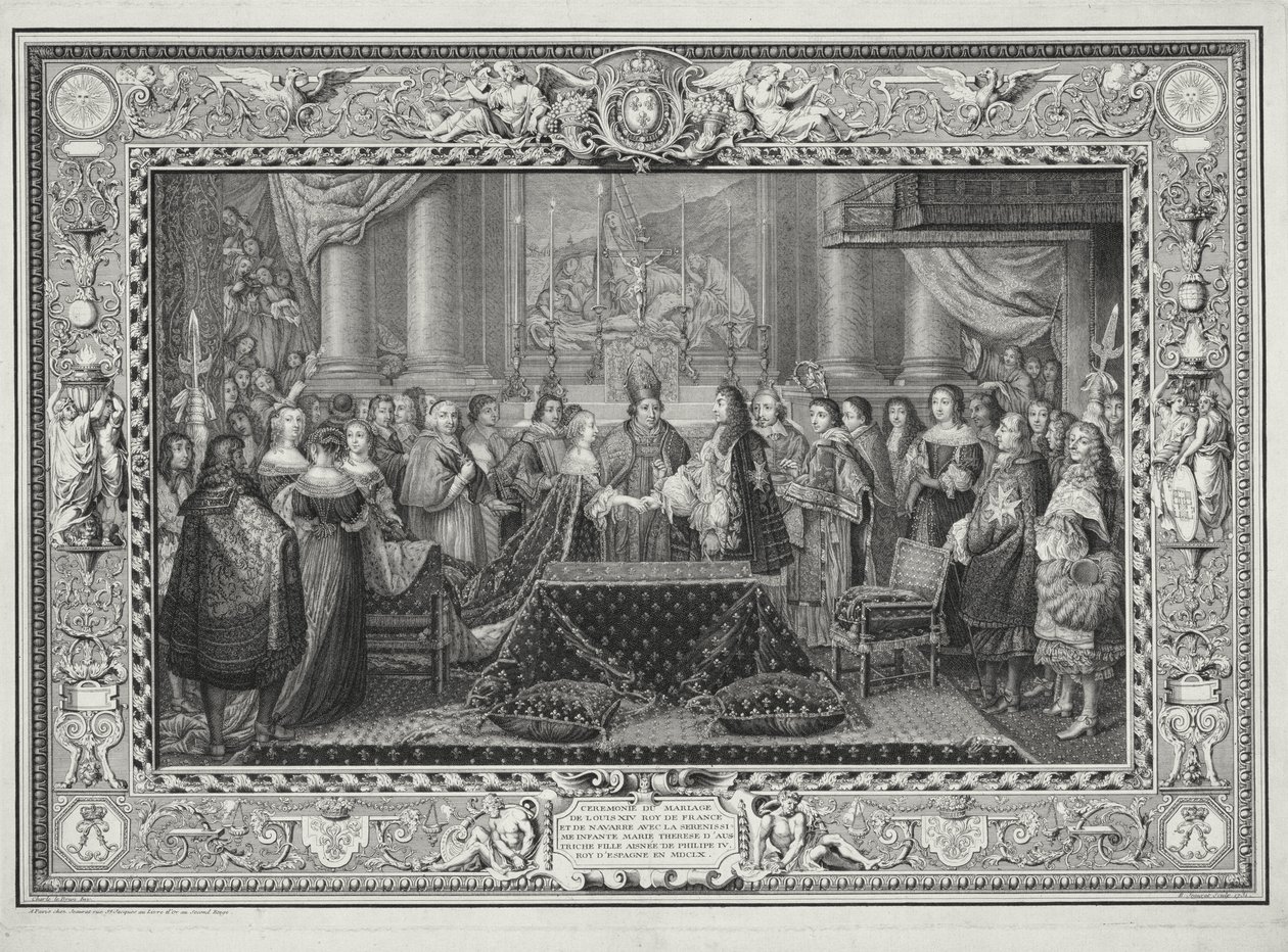 Ranskan ja Navarran kuninkaan Ludvig XIV:n (1638-1715) vihkimisseremonia ja Itävallan Maria Theresan (1638-83) tytär, Espanjan kuninkaan Filip IV tytär vuonna 1660, kaiverrus B. Jeaurat, 1731 (l) tekijältä Charles Le Brun