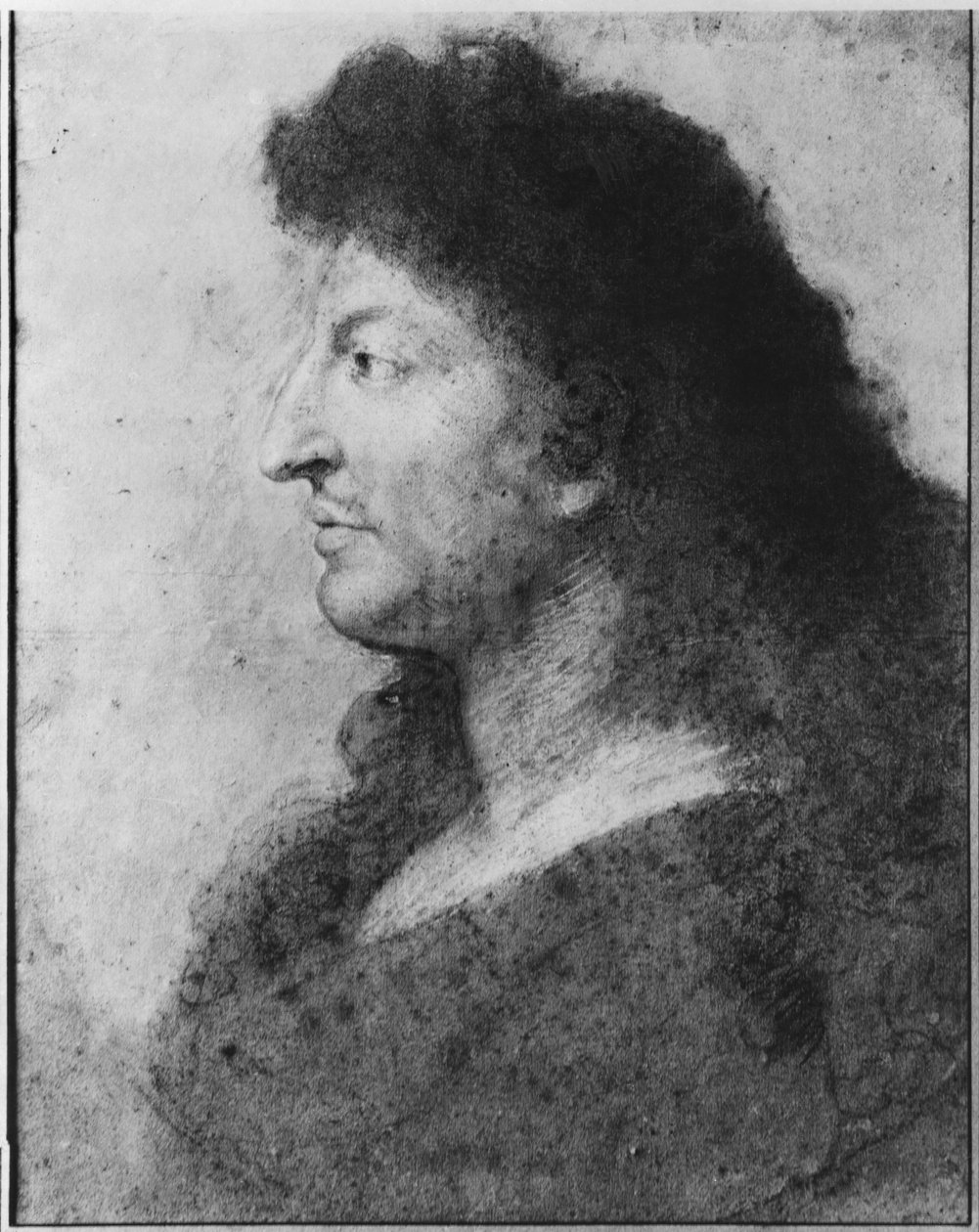 Ludvig XIV:n muotokuva profiilissa, paljas kaula ja pitkät hiukset, n. 1678 (pastelli ja pierre noire harmaalle beigelle paperille) (katso myös 177108) tekijältä Charles Le Brun