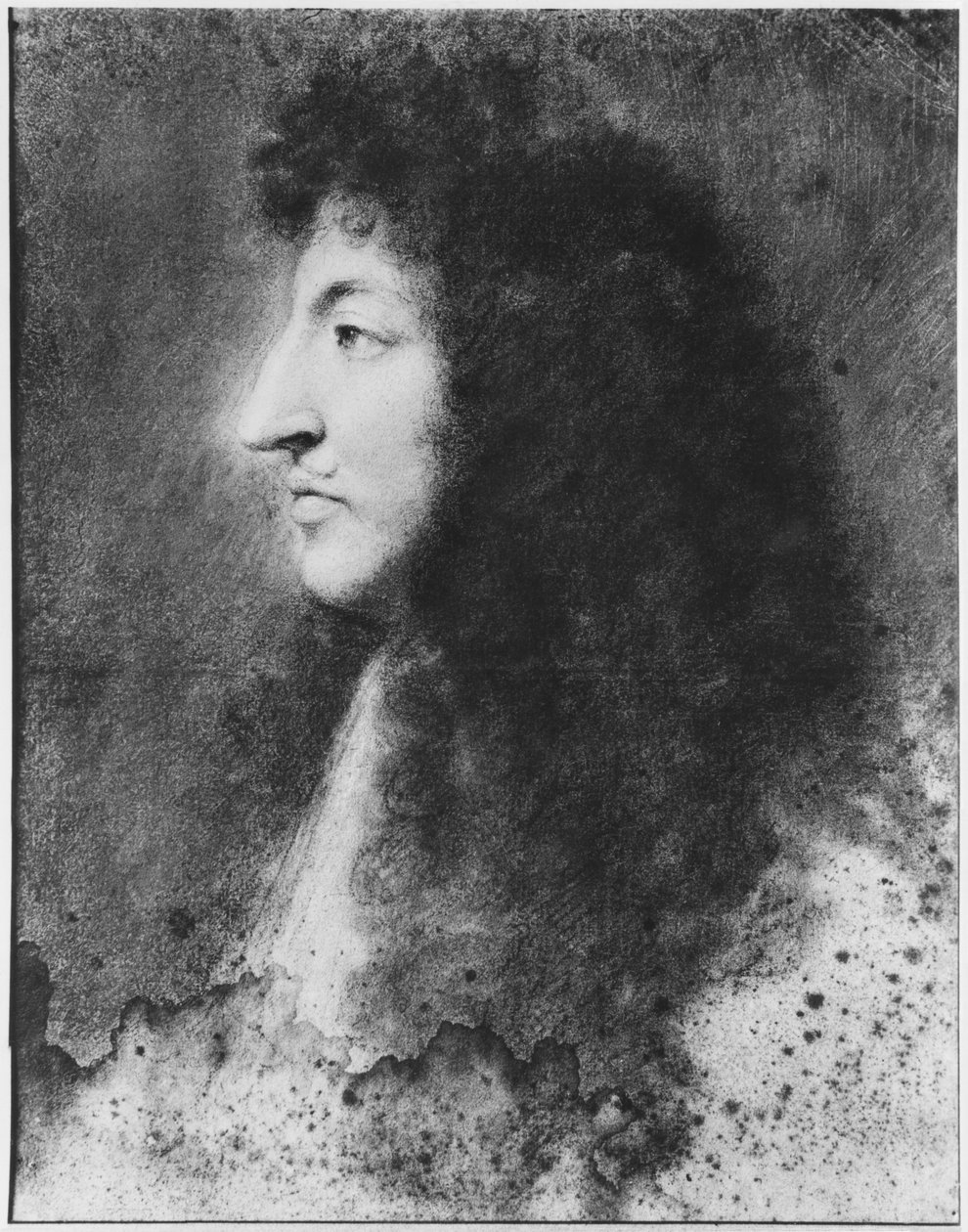 Ludvig XIV:n muotokuva, nuori, profiilissa vasemmalla, n.1669-70 (pastelli harmaalle beigelle paperille) tekijältä Charles Le Brun