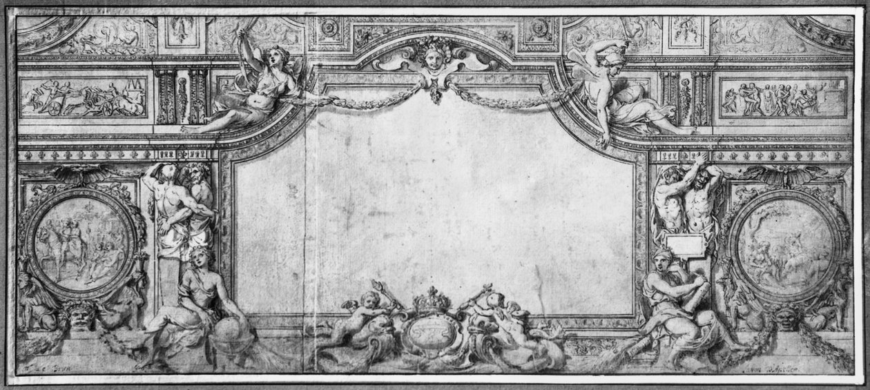 Projekti koristellusta katosta, n. 1663 (kynä ja musta muste ja harmaa pesu ruskealla paperilla) tekijältä Charles Le Brun