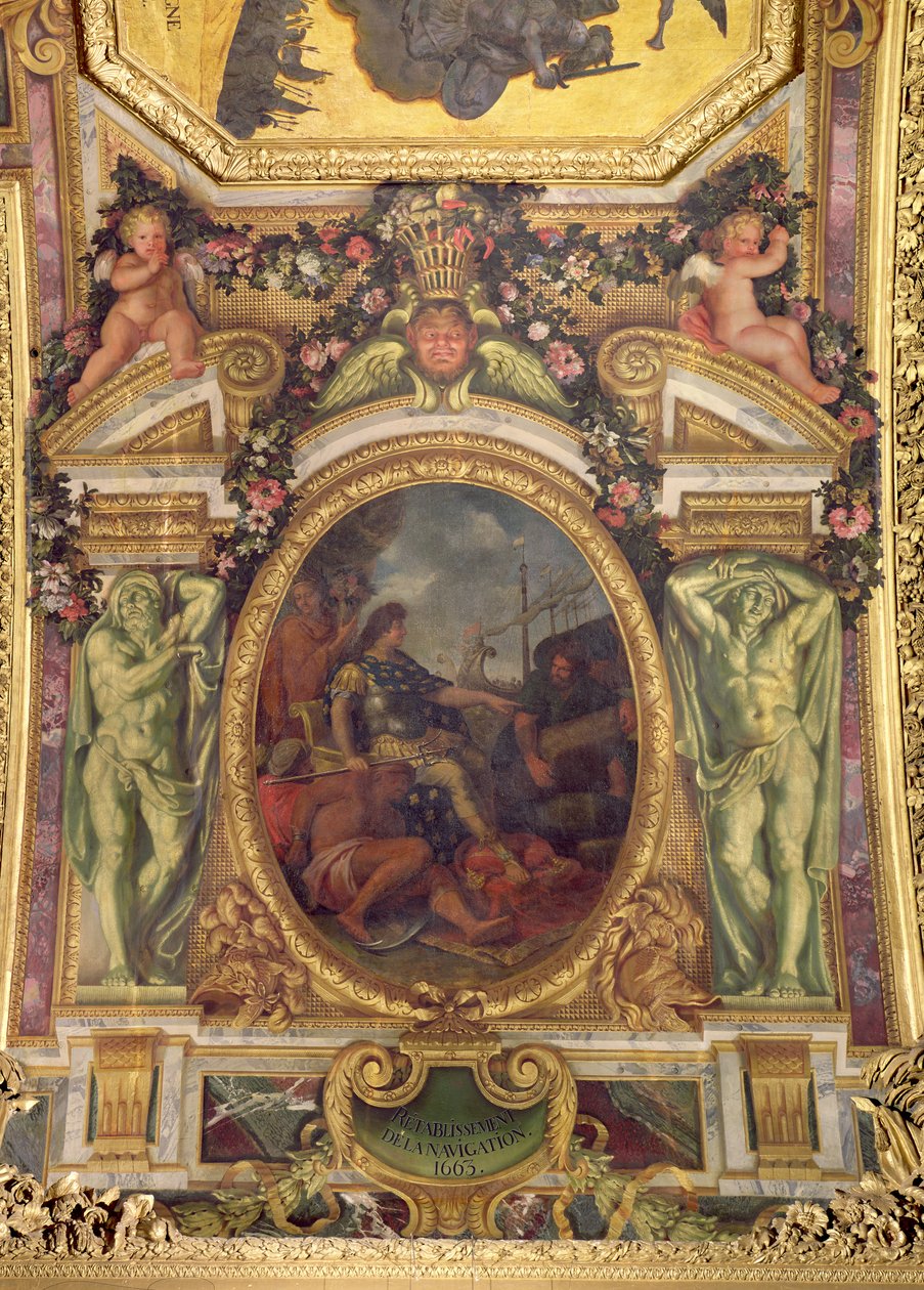 Navigointioikeuksien palauttaminen vuonna 1663, kattomaalaus Galerie des Glacesista tekijältä Charles Le Brun
