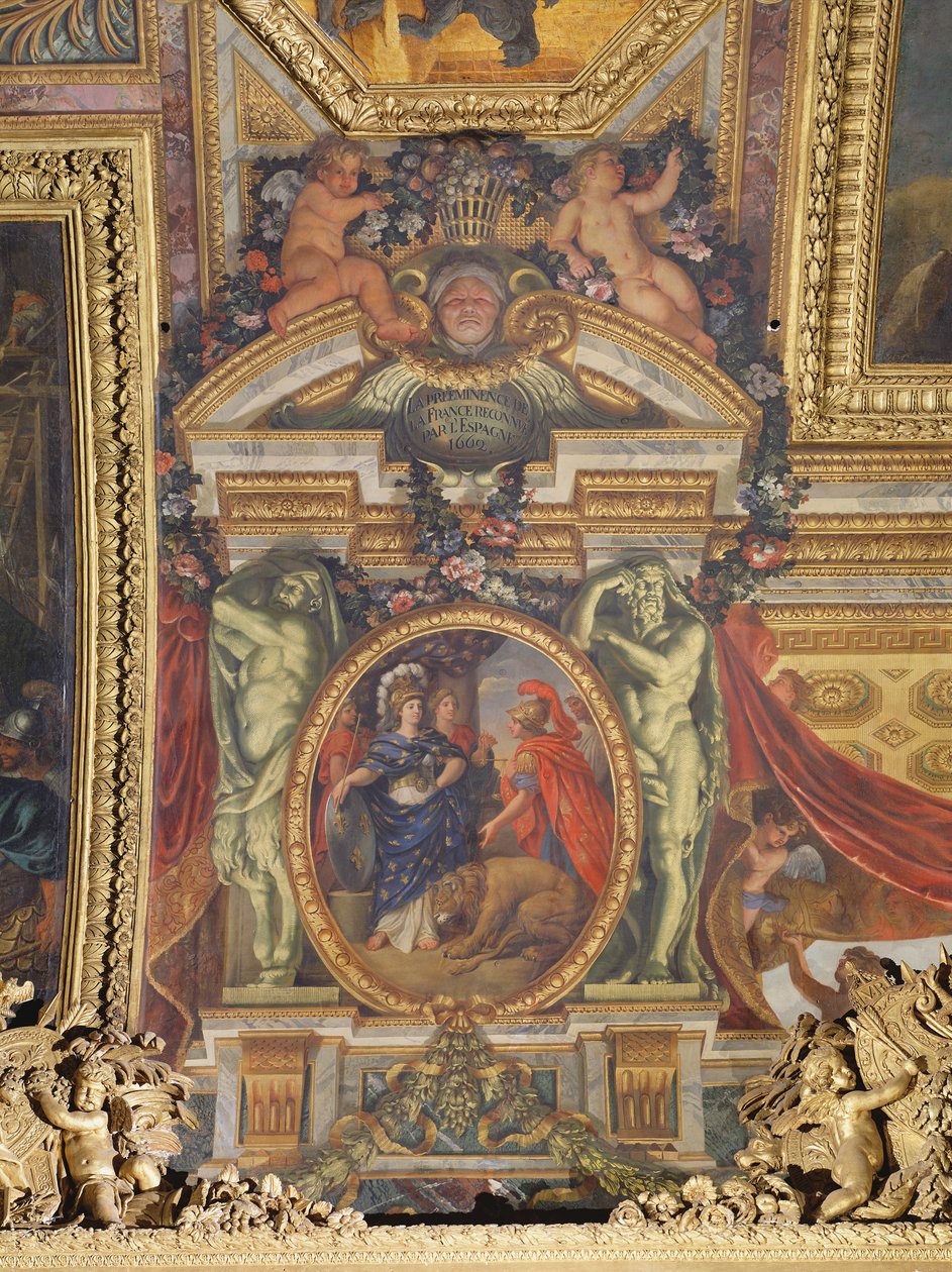 Espanja tunnustaa Ranskan ylivallan vuonna 1662, kattomaalaus Galerie des Glacesista tekijältä Charles Le Brun