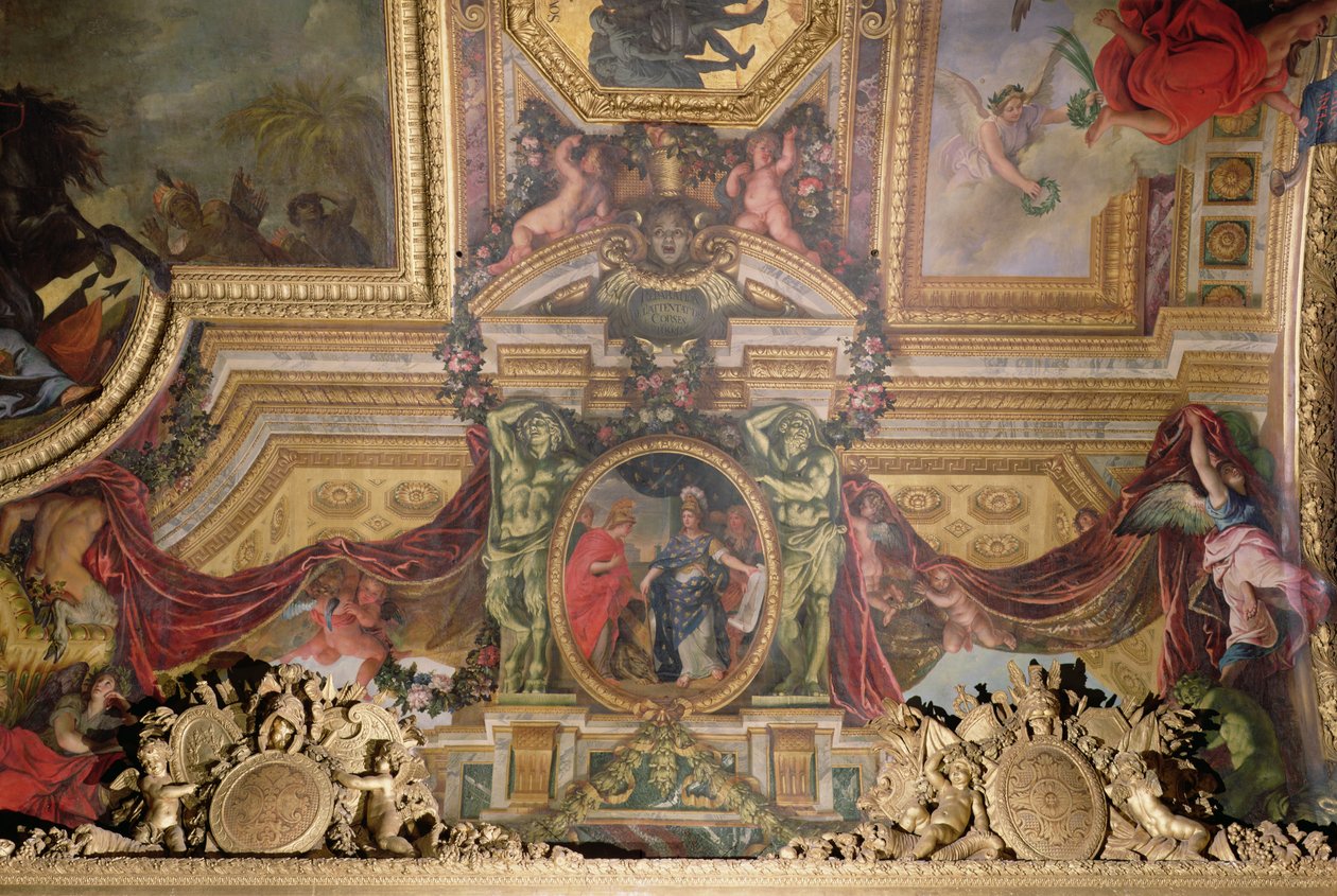 Korsikan hyökkäysten sovitus vuonna 1664, kattomaalaus Galerie des Glacesista tekijältä Charles Le Brun
