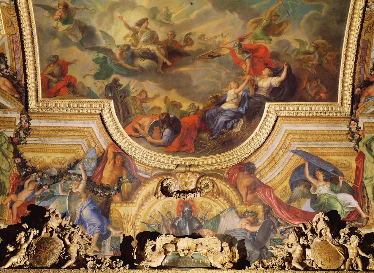 Gentin kaupungin ja linnoituksen vangitseminen kuudessa päivässä vuonna 1678, kattomaalaus Galerie des Glacesista tekijältä Charles Le Brun