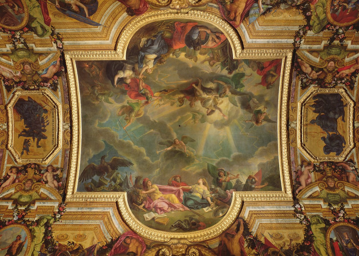 Gentin kaupungin ja linnoituksen vangitseminen kuudessa päivässä vuonna 1678 ja Gentin valloittaman espanjalaisten strategia, kattomaalaus Galerie des Glacesista (katso 165391 ja 165392) tekijältä Charles Le Brun