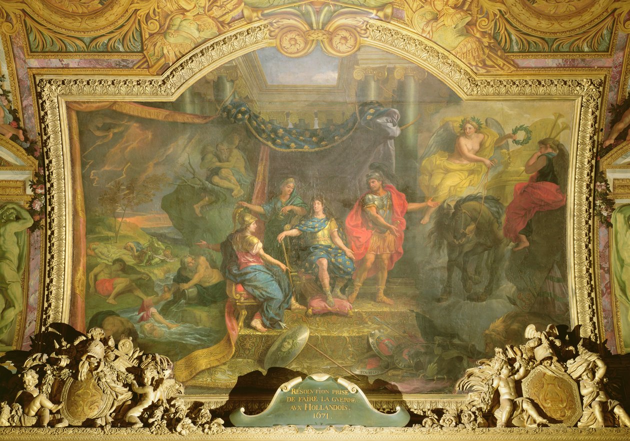 Päätös käydä sotaa hollantilaisia vastaan vuonna 1671, kattomaalaus Galerie des Glacesista tekijältä Charles Le Brun