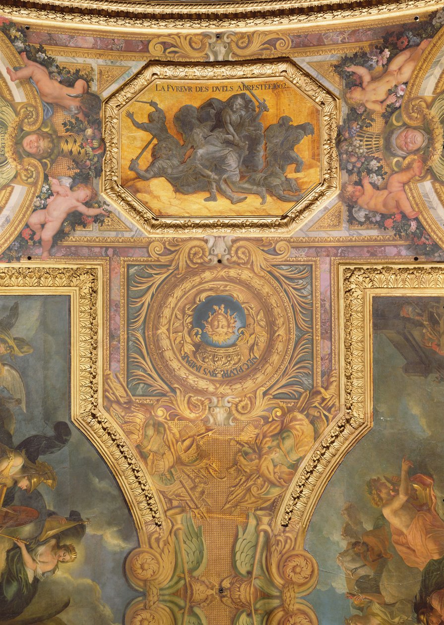 Kaksintaistelumanian loppu vuonna 1662, kattomaalaus Galerie des Glacesista tekijältä Charles Le Brun
