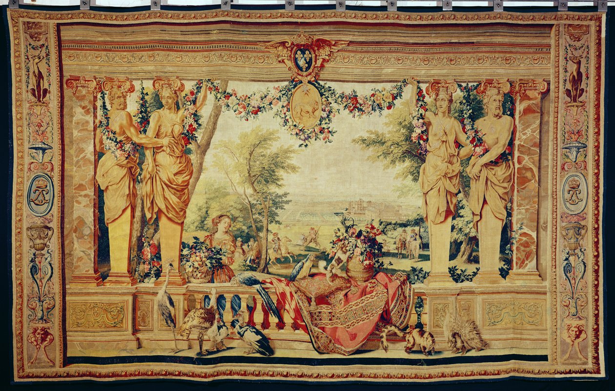 The Month of July Chateau of Vincennes, kuvakudossarjasta "The Months or Royal Residences", tuotettu Louis XIV:n Gobelins Workshopissa (kuvakudos) tekijältä Charles Le Brun