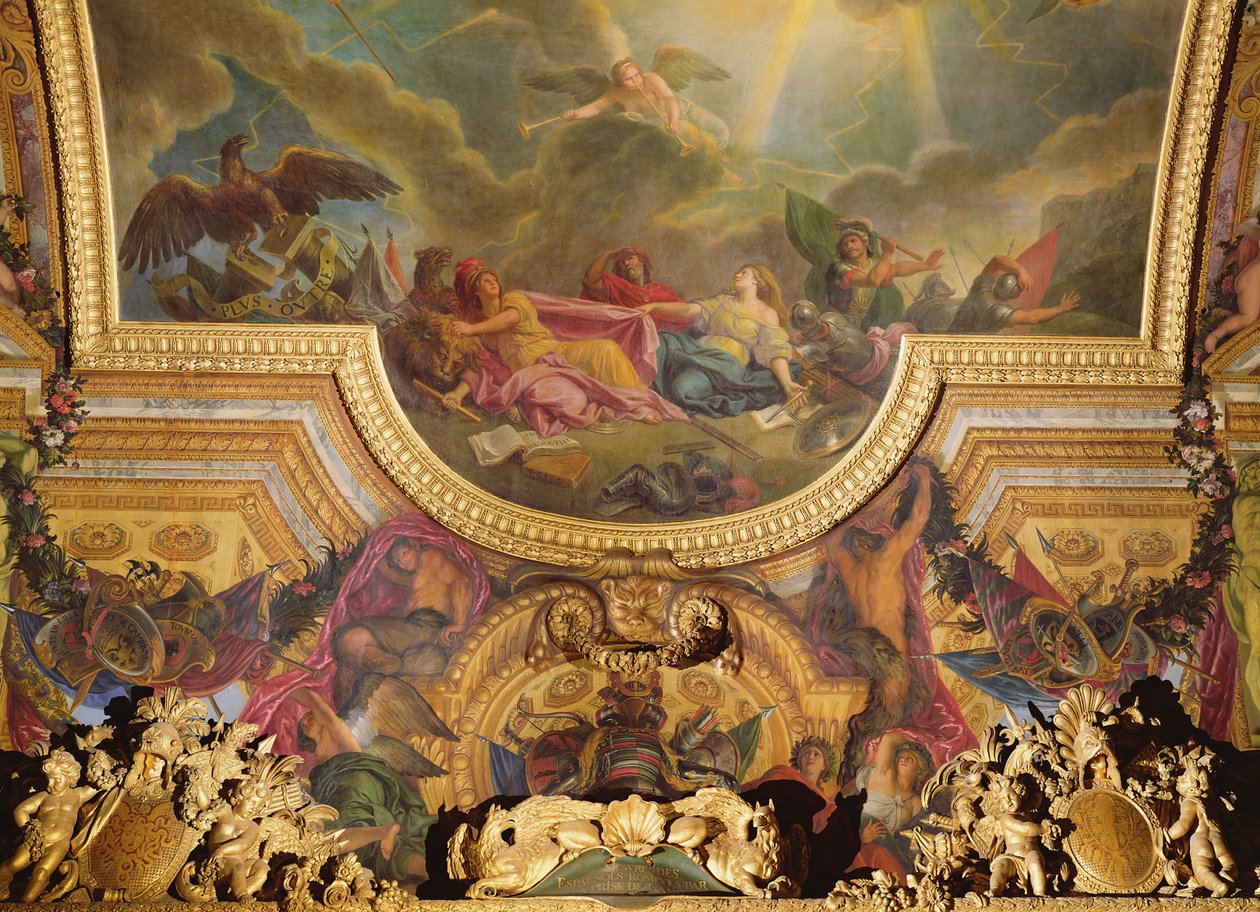 Gentin valloittaman espanjalaisen strategia, kattomaalaus Galerie des Glacesista tekijältä Charles Le Brun