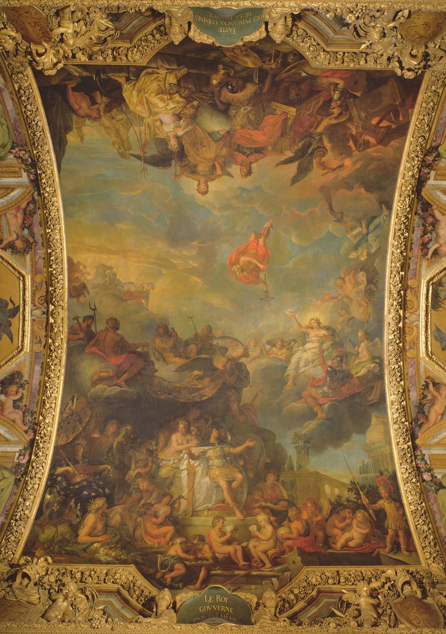 Näkymä kuningas Ludvig XIV:stä (1638-1715), joka hallitsee yksin vuonna 1661, ja Ranskan vauraat naapurivallat, kattomaalaus Galerie des Glacesista tekijältä Charles Le Brun