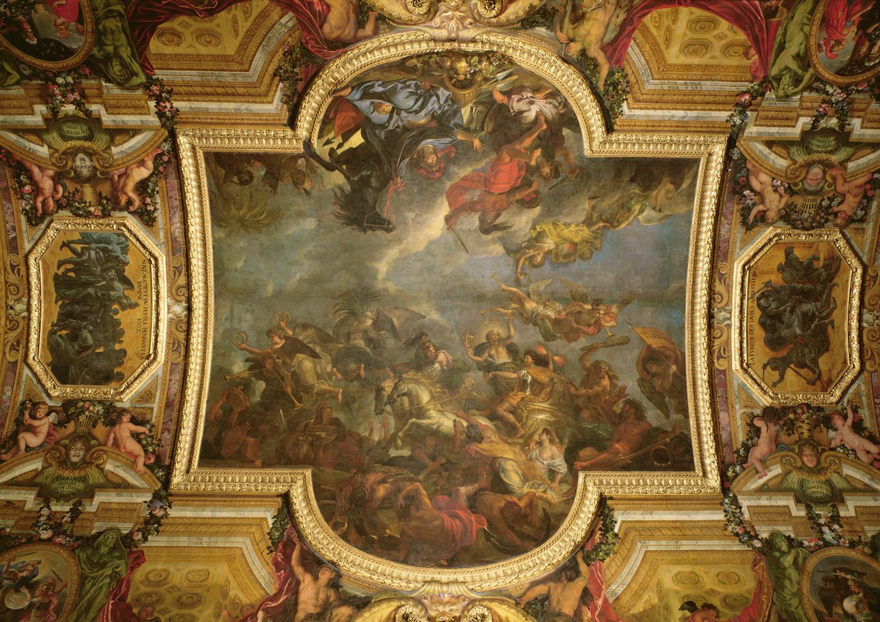 Näkymä Kuningas valloittamassa Maastrichtin kolmetoista päivässä vuonna 1673 ja Reinin väylä vihollisten läsnäollessa vuonna 1672, kattomaalaus Galerie des Glacesista, 1678-86 (katso myös 379737) tekijältä Charles Le Brun