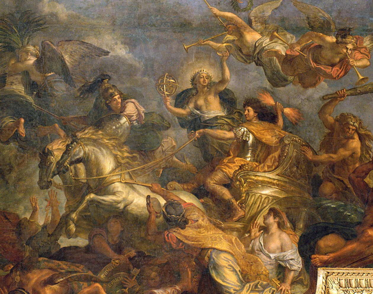 Näkymä Kuninkaan valtauksesta Maastrichtissa kolmessatoista päivässä vuonna 1673 ja Reinin ylityksestä vihollisten läsnä ollessa vuonna 1672, kattomaalaus Galerie des Glaces -galleriasta, 1678-86, kuva 208101. tekijältä Charles Le Brun