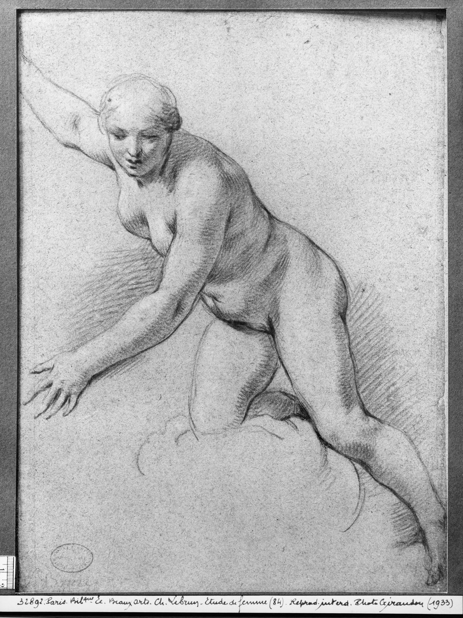 Nainen polvillaan pilven päällä (pierre noire harmaalla paperilla) tekijältä Charles Le Brun