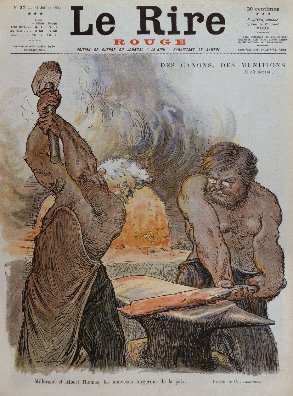 Alexandre Millerand ja Albert Thomas sepäinä rauhaa takoina, etukannen kuvitus Le Rire Rougesta, 31. heinäkuuta 1915 tekijältä Charles Leandre