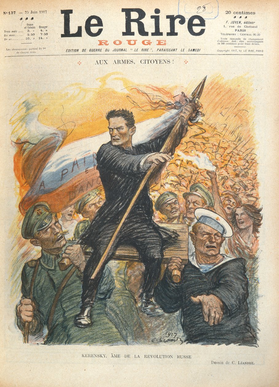 Karikatyyri Alexander Kerenskystä (1881-1970), ranskalaisen Le Rire -lehden kansi, 30. kesäkuuta 1917 tekijältä Charles Leandre