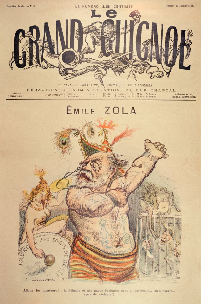 Emile Zolan (1840-1902) karikatyyri kuvitus "Le Grand Guignol" -lehden etukanteen, 1898 tekijältä Charles Leandre