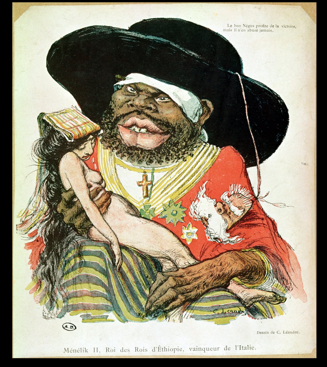 Karikatyyri Etiopian neguksesta Menelik II:sta (1844-1913), le Rire -lehdestä, 1800-luvun loppupuolelta. tekijältä Charles Leandre