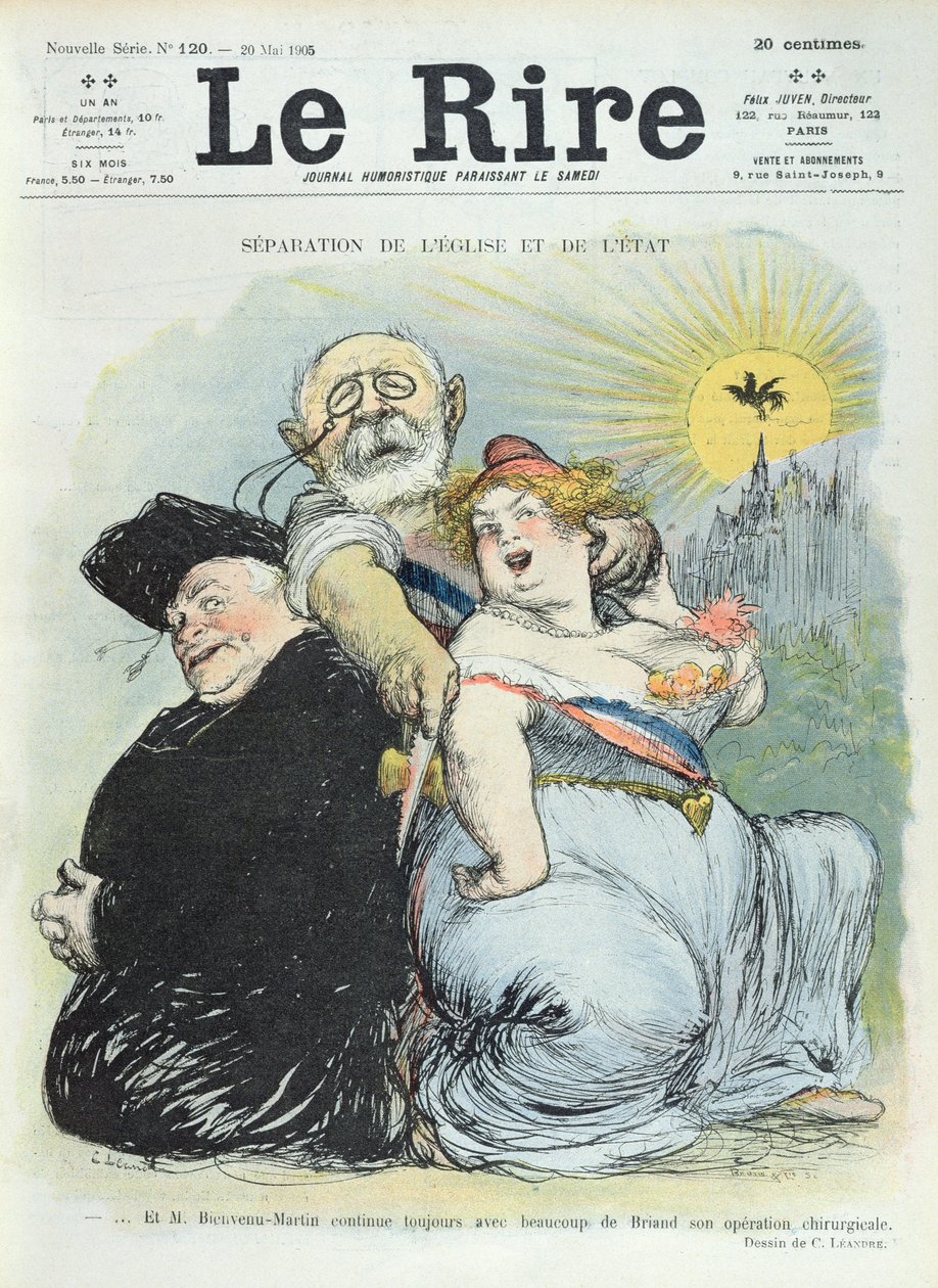 Jean-Baptiste Bienvenu-Martin (1847-1943) erottaa valtion kirkosta, karikatyyri Le Rire -lehdestä 20. toukokuuta 1905 tekijältä Charles Leandre