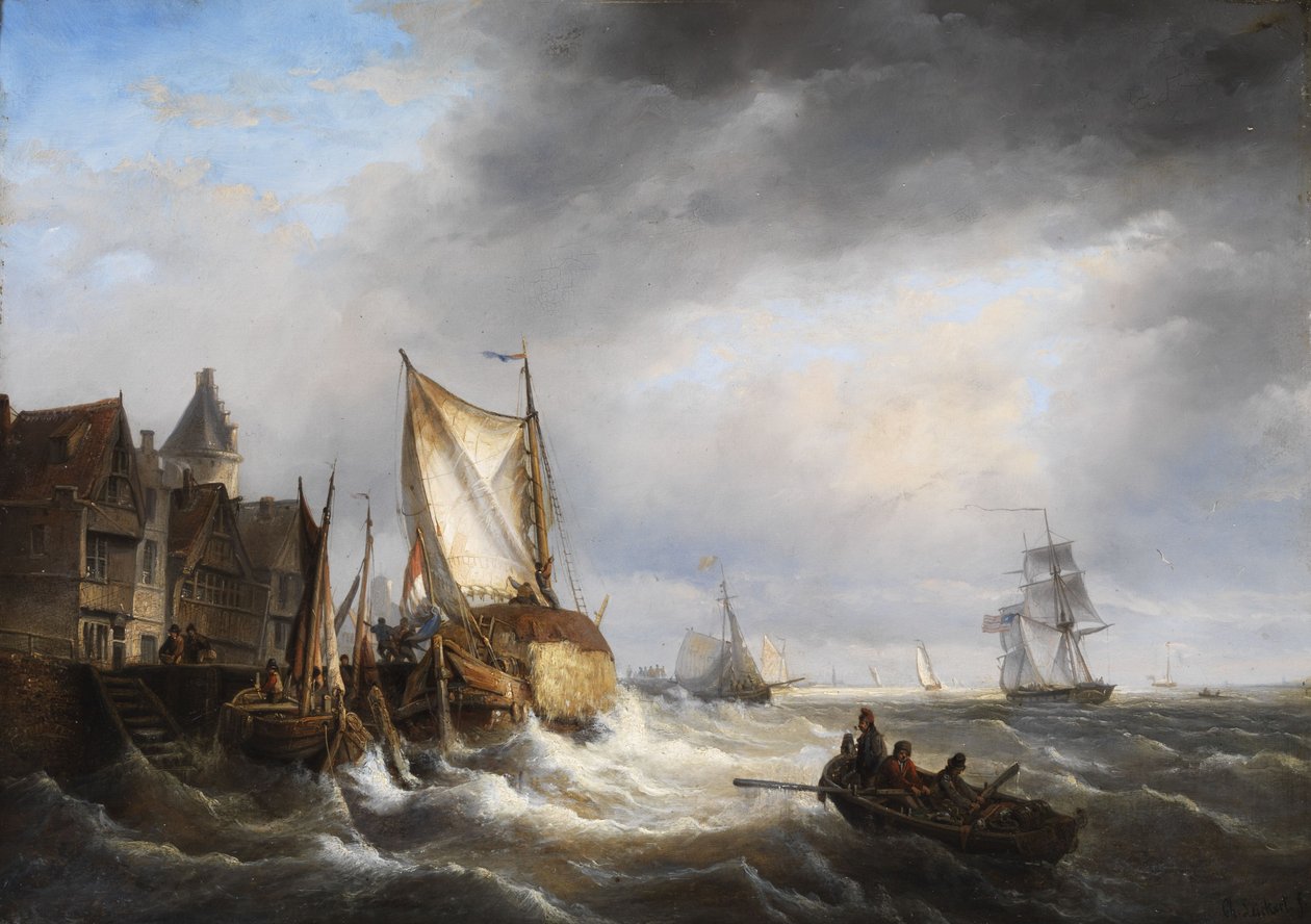 Hafeneinfahrt bei stürmischer Katso. tekijältä Charles Henri Joseph Leickert