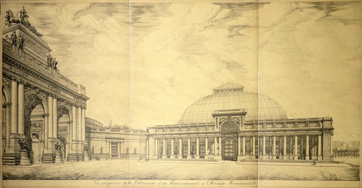 Riemukaari ja yksi Palais du Cinquantenairen puoliympyrän muotoisista pylväikaari siiveistä, Bryssel, 1906 tekijältä Charles Louis Girault