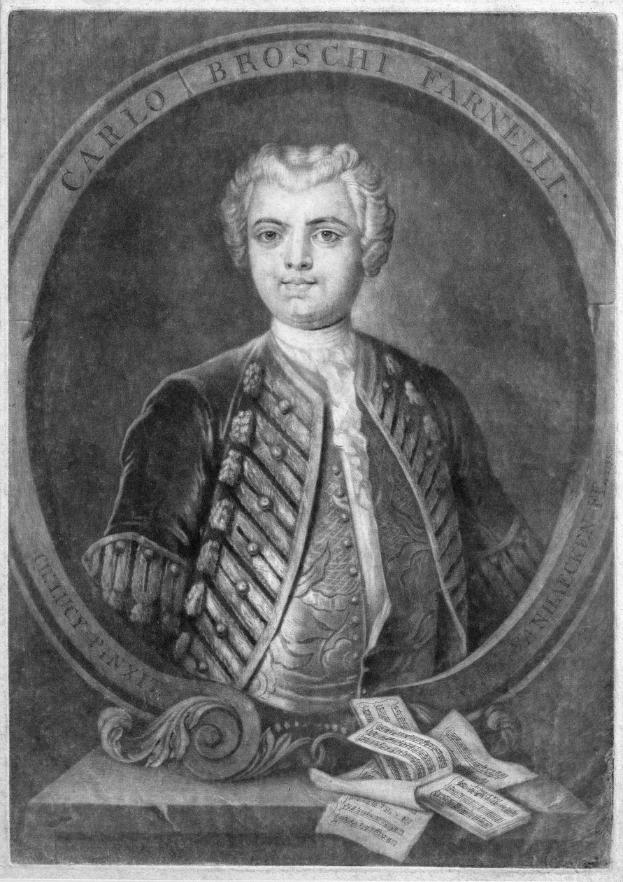 Carlo Broschi Farinellin (1705-82), italialaisen kastraatin muotokuva, kaiverrus Alexander von Haecken (1701-58), 1735 tekijältä Charles Lucy